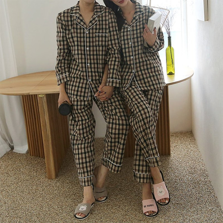 Brown Check Pajama Set - 커플룩